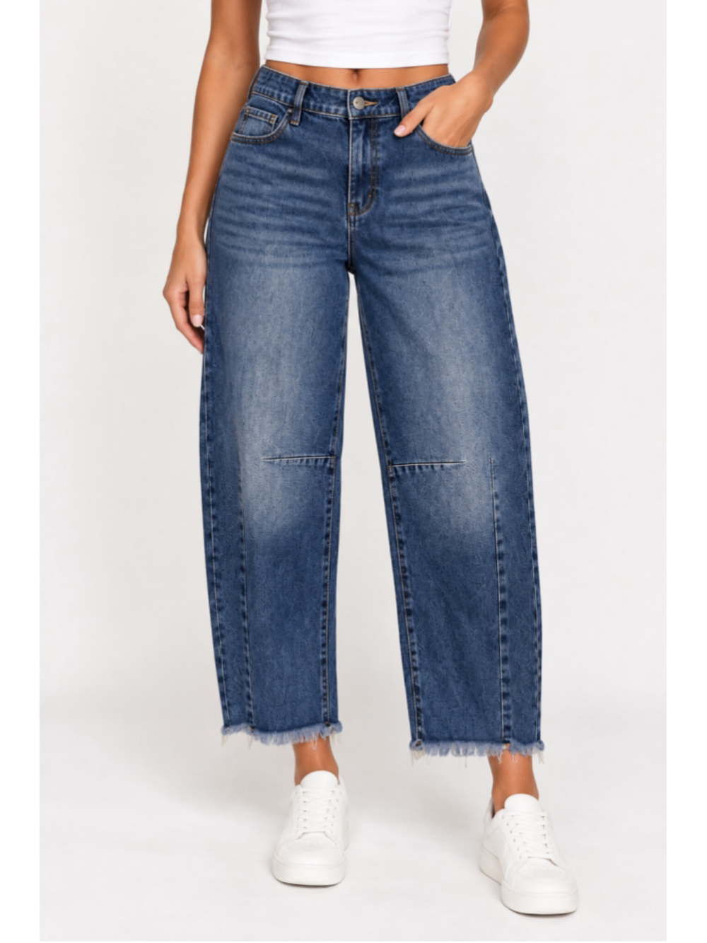 Ashley Mason Barrel Jeans Women’s Sz 7/28 Blue High Rise Wide Leg Raw Hem Denim